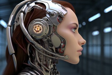  rendering of a female robot in a futuristic space station