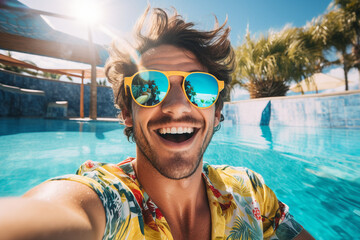 AI generated image of young man enjoying relax at resort with a private pool - obrazy, fototapety, plakaty