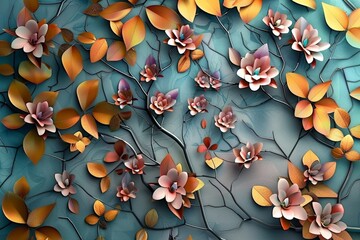 Colorful 3d flowers with leaves on a tree illustration background. 3d abstraction wallpaper for Interior mural painting wall art decor. Tree branches leaves with flowers hanging on wall, Generative AI