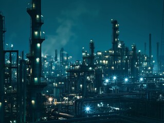 A vast, illuminated industrial complex at night with an intricate array of pipes and towers.