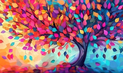 Colorful tree with vibrant leaves hanging branches illustration background 3d abstraction wallpaper for interior mural painting wall art decor, Generative AI