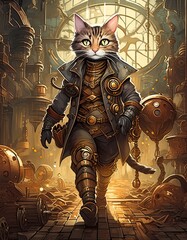 甲冑を着込んだ猫の探検家が廃坑を歩くシーン