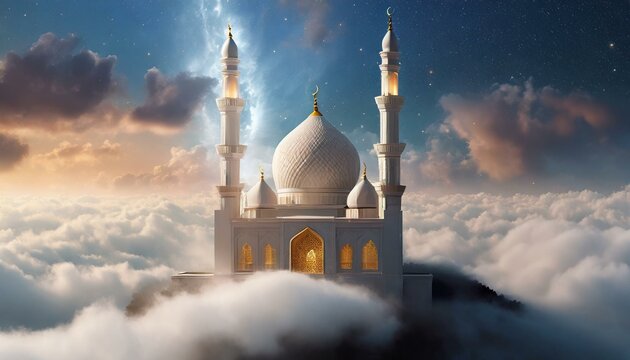 beautiful masjid at the edge of the world; magical and divine concept with clouds on background
