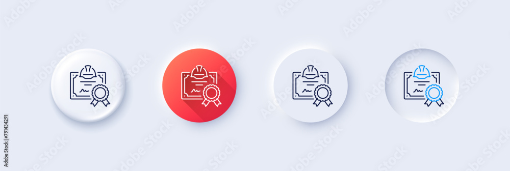 Poster engineering certificate line icon. neumorphic, red gradient, 3d pin buttons. technical documentation