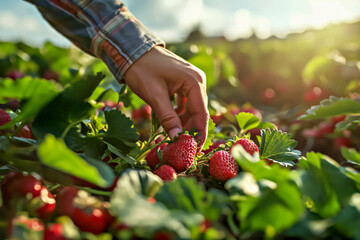 Farmer's gentle touch amidst sunlit strawberry field captures essence of early morning harvest, evoking sense of connection with land and its bountiful produce. Locally grown