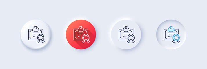 Engineering certificate line icon. Neumorphic, Red gradient, 3d pin buttons. Technical documentation sign. Construction award symbol. Line icons. Neumorphic buttons with outline signs. Vector