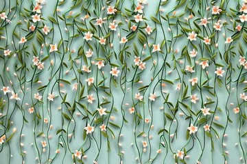 Seamless Pattern Willow Branches Hanging on above with Flowers Decor illustration Background. Flowers and Leave on Wall 3d Abstraction wallpaper for Interior mural, Generative AI