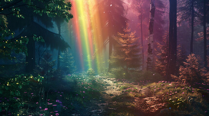 Colorful rainbow in magical fantasy fairy tale forest