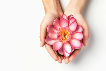 Pair of graceful female hands holding a pink lotus flower on pure white background, capturing moment of beauty and tranquility. Concept of purity and spiritual awakening, women's health and meditation