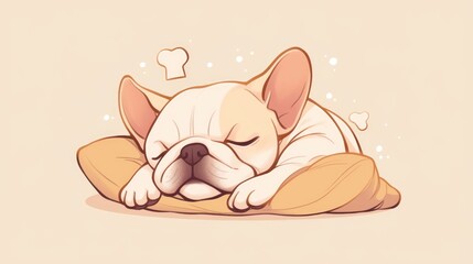 A charming cartoon French Bulldog puppy logo illustration featuring a sleeping dog with a bone pillow portrayed in a doodle style - obrazy, fototapety, plakaty
