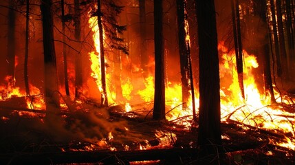 Closeup of a raging forest fire a devastating consequence of deforestation and unsustainable practices. . - obrazy, fototapety, plakaty