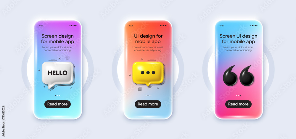 Poster phone 3d mockup gradient screen. hello welcome tag. hi invitation offer. formal greetings message. h