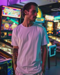 Fototapeta premium Young Adult man model in Blank white T-Shirt for design mockup