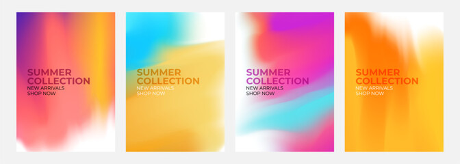 Summer Collection. New Arrivals. Promotional flyers set. Summertime season abstract blurred color backgrounds for business, seasonal shopping promotion and advertising. Vector illustration.