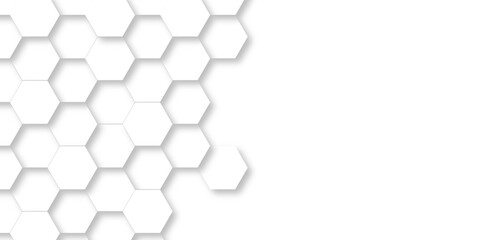 Abstract pattern with hexagonal white and gray technology line paper background. Hexagonal 3d vector grid tile and mosaic structure mess cell. white and gray hexagon honeycomb geometric copy space.