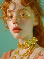 Obraz premium Portrait of young woman with freckles, gold glitter makeup, and layered jewelry on green background, artistic fashion photography for editorial use