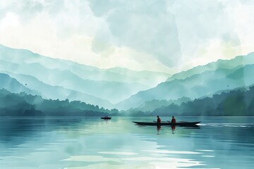 Illustration of rowers gliding peacefully on a misty river, with lush hills in the background - obrazy, fototapety, plakaty