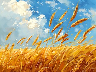 Fototapeta na wymiar A painting of a field of golden wheat with a blue sky in the background