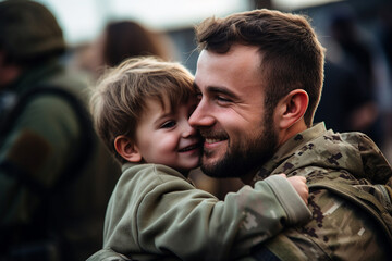 Fototapeta premium AI generated image of happy soldier spending time with family hugging child