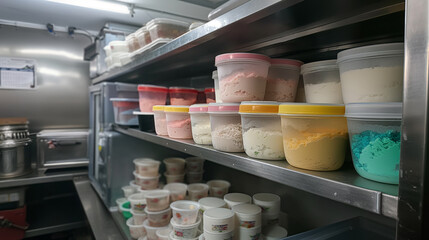 Various flavors of ice creams are displayed in containers in an ice cream parlor's deep freezer