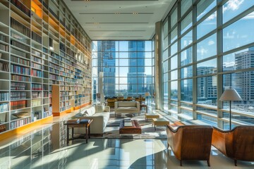 Fototapeta premium Modern library interior with bookshelves and modern cityscape in background