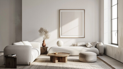 A minimalist yet inviting living room setting featuring a prominent poster frame.