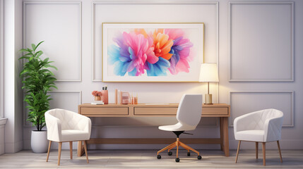 Contemporary office setting with vibrant decor and a pristine white frame on the wall, inviting focus and inspiration.