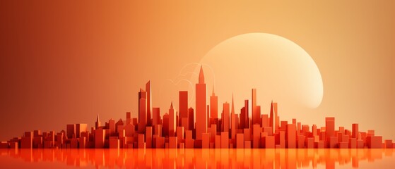 Minimalist 3D representation of extreme heat waves radiating from a sun over a simple cityscape