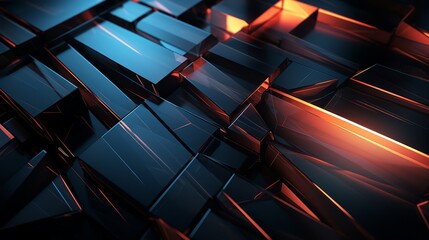 Diagonal spread of dark 3D prisms, minimalist tech field, soft highlights