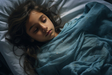 AI generated image photo of cute child lying on bed in hospital