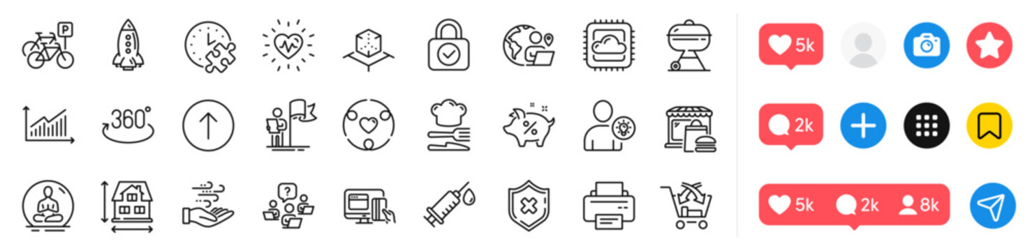 Heartbeat, Food and Security lock line icons pack. Social media icons. Puzzle time, Cross sell, Outsource work web icon. Rocket, Wind energy, Teamwork question pictogram. Vector