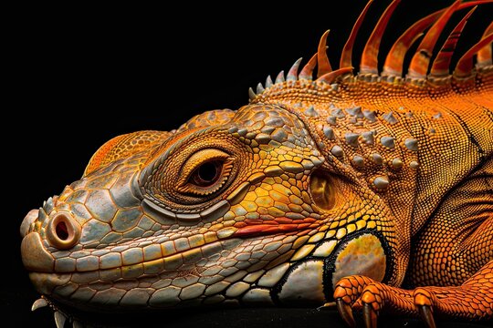 Sleeping dragon - Close-up portrait of a resting orange colored male Green iguana isolated on black