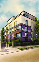 Contemporary Apartment Building, digital water color style illustration