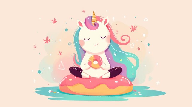 Illustration of a charming unicorn practicing yoga on a doughnut depicted in a cartoon 2d icon This premium isolated 2d presents a whimsical animal food concept in a delightful flat cartoon