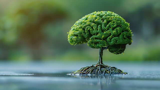 Green tree shaped like a human brain. Creativity growth, better use of brain function and memory improvement concept.