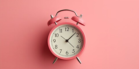 alarm clock on pink background Minimalistic flat lay,with copy space for photo text or product, blank empty copyspace banner about time management and selfamplement concept. - obrazy, fototapety, plakaty