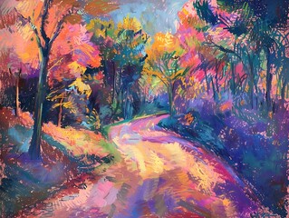 A painting of a road with trees in the background