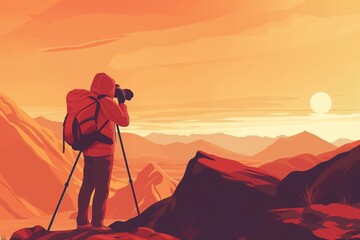 Vibrant illustration of an photographer on a serene hill capturing the beauty of a sunset - obrazy, fototapety, plakaty
