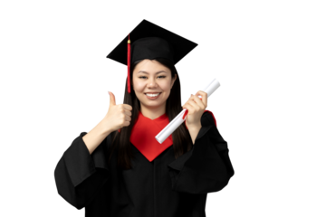 PNG Asian girl in university graduate uniform isolated on white background.
