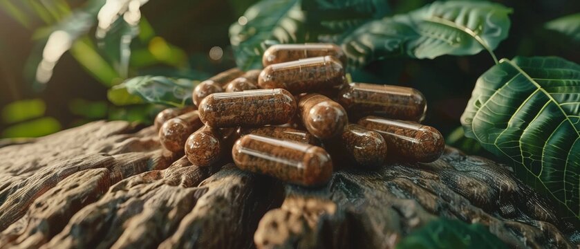 Discover the benefits of Yohimbe extract through a cluster of Yohimbe bark or a bottle of herbal supplement capsules