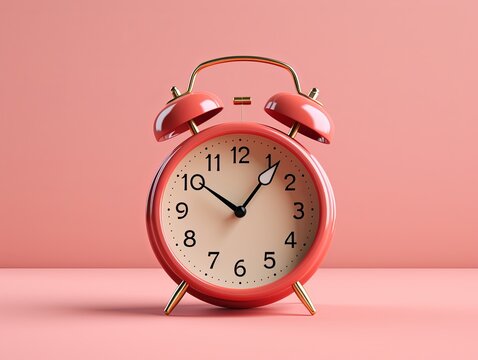 alarm clock on pink background Minimalistic flat lay,with copy space for photo text or product, blank empty copyspace banner about time management and selfamplement concept.