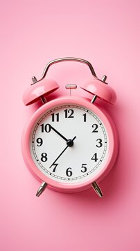 alarm clock on pink background Minimalistic flat lay,with copy space for photo text or product, blank empty copyspace banner about time management and selfamplement concept.