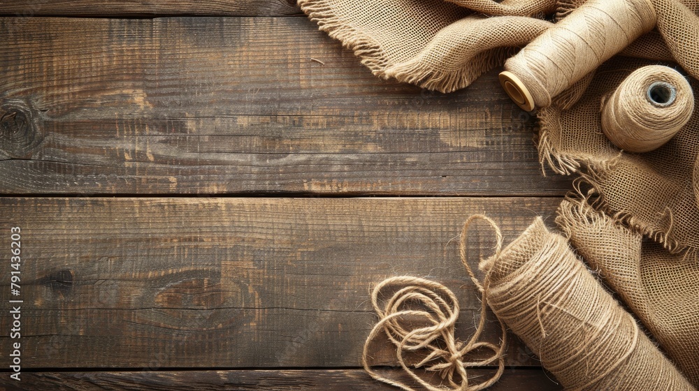 Poster top down view of burlap fabric thread spool and jute on wooden surface with available space for text