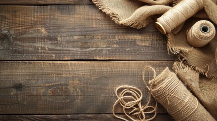 Top down view of burlap fabric thread spool and jute on wooden surface with available space for text - Powered by Adobe