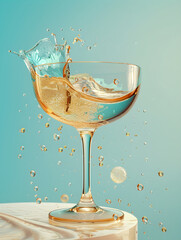 glass of wine on blue background with flower