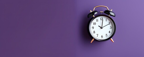 alarm clock on purple background Minimalistic flat lay,with copy space for photo text or product, blank empty copyspace banner about time management and selfamplement concept.