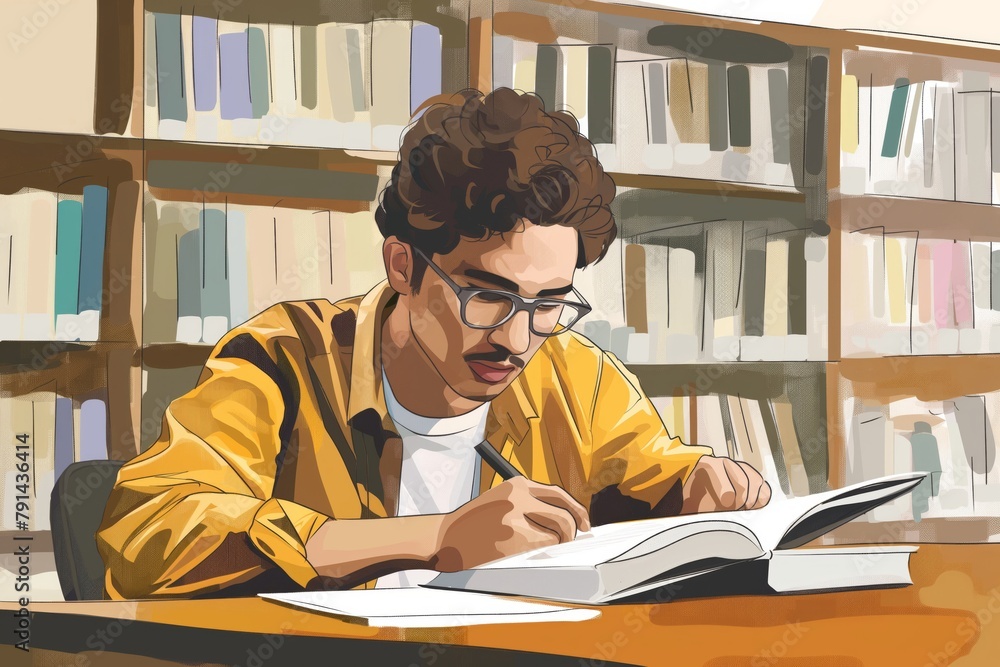Poster digital illustration of a focused student conducting research and writing notes in a library setting