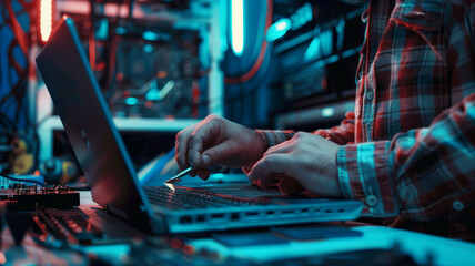 Technician repairing laptop computer keyboard closeup 