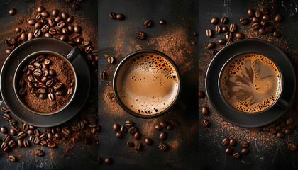 Collage of aromatic coffee beverage with roasted beans and powder