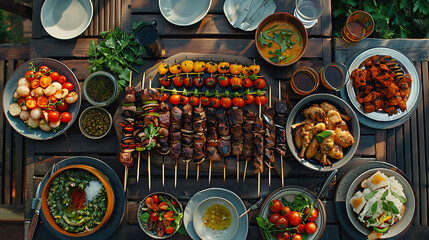 Middle eastern, arabic or mediterranean dinner table with grilled lamb kebab, chicken skewers with roasted vegetables and appetizers variety serving on rustic outdoor table, Overhead view